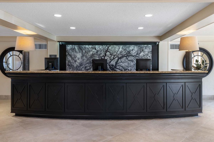 A large black front desk