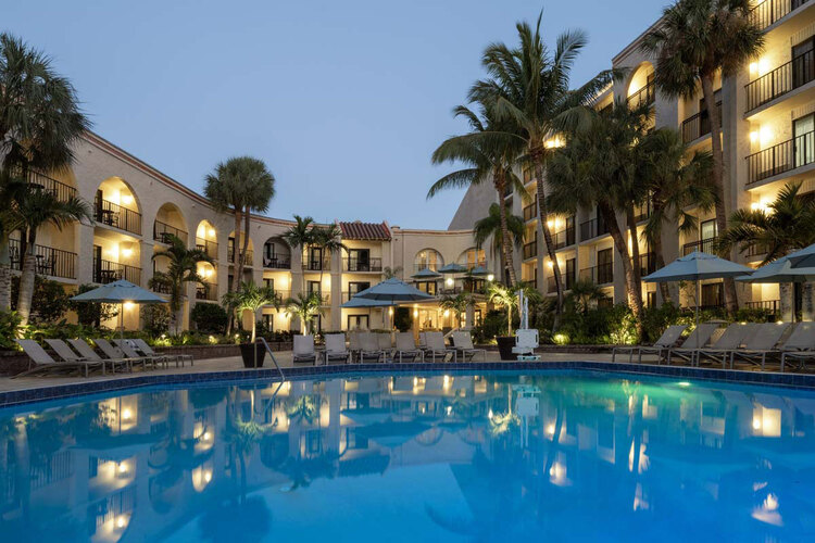 Outdoor pool at night in the courtyard